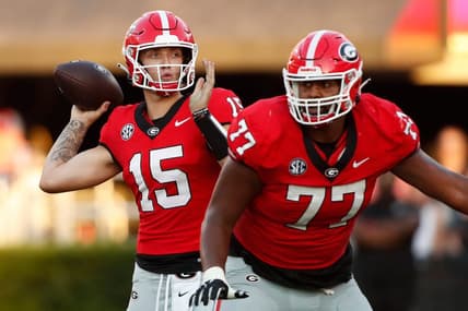Georgia quarterback Carson Beck (15) looks to throw a pass during the first half of a NCAA college football game against Tennessee Martin in Athens, Ga., on Saturday, Sept. 2, 2023.