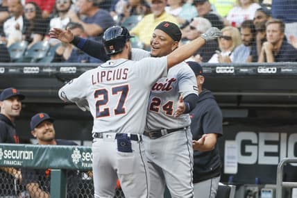 Sep 2, 2023; Chicago, Illinois, USA; Detroit Tigers second baseman Andre Lipcius (27) celebrates with designated hitter Miguel Cabrera (24) after hitting a two-run home run against the Chicago White Sox during the first inning at Guaranteed Rate Field. Mandatory Credit: Kamil Krzaczynski-USA TODAY Sports