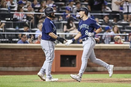 Sep 2, 2023; New York City, New York, USA;  Seattle Mariners pinch hitter Dominic Canzone (8) is greeted by Seattle Mariners pinch runner Mike Ford (20) after hitting a two run home run in the sixth inning against the New York Mets at Citi Field. Mandatory Credit: Wendell Cruz-USA TODAY Sports
