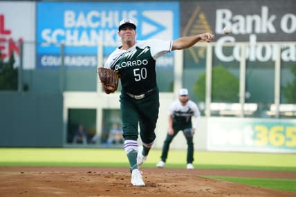Sep 2, 2023; Denver, Colorado, USA; Colorado Rockies starting pitcher Ty Blach (50) delivers against the Toronto Blue Jays in the first inning at Coors Field. Mandatory Credit: Ron Chenoy-USA TODAY Sports