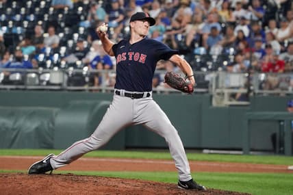 Sep 2, 2023; Kansas City, Missouri, USA; Boston Red Sox relief pitcher Nick Pivetta (37) delivers a pitch against the Kansas City Royals in the ninth inning at Kauffman Stadium. Mandatory Credit: Denny Medley-USA TODAY Sports