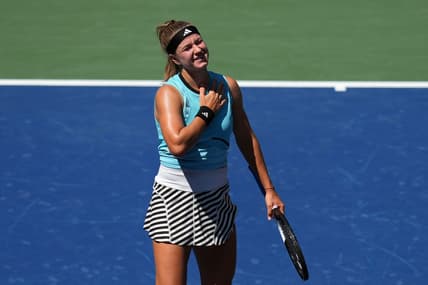 Sep 3, 2023; Flushing, NY, USA; Karolina Muchova of Czech Republic defeats Xinyu Wang of China on day seven of the 2023 U.S. Open tennis tournament at USTA Billie Jean King National Tennis Center. Mandatory Credit: Danielle Parhizkaran-USA TODAY Sports