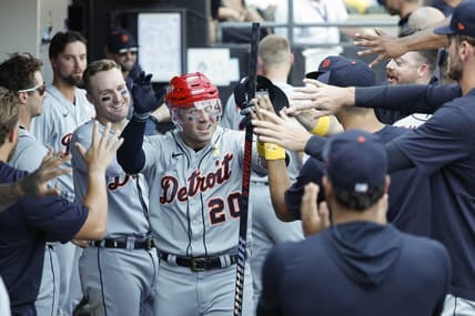 Sep 3, 2023; Chicago, Illinois, USA; Detroit Tigers first baseman Spencer Torkelson (20) celebrates with teammates after hitting a solo home run against the Chicago White Sox during the seventh inning at Guaranteed Rate Field. Mandatory Credit: Kamil Krzaczynski-USA TODAY Sports