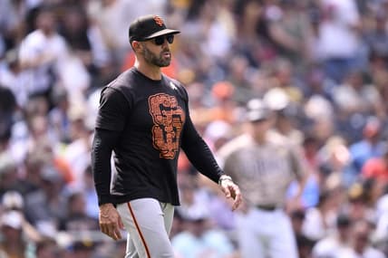 Sep 3, 2023; San Diego, California, USA; San Francisco Giants manager Gabe Kapler walks to the mound during the fifth inning against the San Diego Padres at Petco Park. Mandatory Credit: Orlando Ramirez-USA TODAY Sports