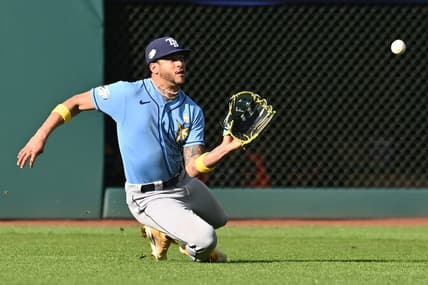 Sep 3, 2023; Cleveland, Ohio, USA; Tampa Bay Rays center fielder Jose Siri (22) catches a ball hit by Cleveland Guardians first baseman Kole Calhoun (not pictured) during the fifth inning at Progressive Field. Mandatory Credit: Ken Blaze-USA TODAY Sports