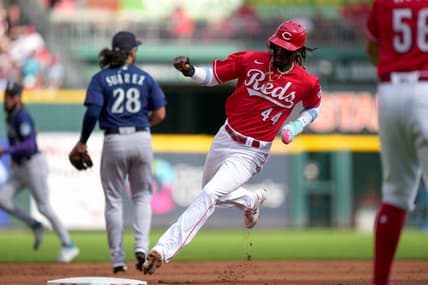 Cincinnati Reds third baseman Elly De La Cruz (44) rounds third base to score in the first inning of a baseball game between the Seattle Mariners and the Cincinnati Reds, Monday, Sept. 4, 2023, at Great American Ball Park in Cincinnati.