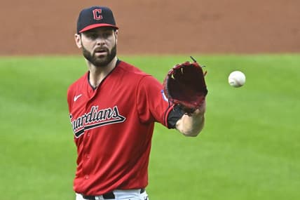 Sep 4, 2023; Cleveland, Ohio, USA; Cleveland Guardians starting pitcher Lucas Giolito (27) reacts after giving up a bases loaded walk in the second inning against the Minnesota Twins at Progressive Field. Mandatory Credit: David Richard-USA TODAY Sports