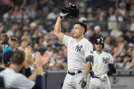 Sep 5, 2023; Bronx, New York, USA;  New York Yankees designated hitter Giancarlo Stanton (27) gives the fans a curtain call after hitting a two run home run in the sixth inning for his 400th career home run against the Detroit Tigers at Yankee Stadium. Mandatory Credit: Wendell Cruz-USA TODAY Sports