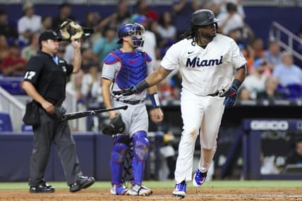 Sep 5, 2023; Miami, Florida, USA; Miami Marlins first baseman Josh Bell (9) looks on after hitting a two-run home run against the Los Angeles Dodgers during the fifth inning at loanDepot Park. Mandatory Credit: Sam Navarro-USA TODAY Sports