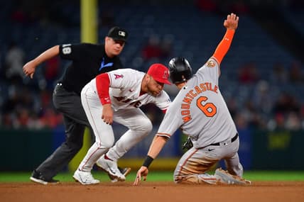 Sep 5, 2023; Anaheim, California, USA;  Baltimore Orioles first baseman Ryan Mountcastle (6) is out at second by Los Angeles Angels second baseman Brandon Drury (23) during the third inning at Angel Stadium. Mandatory Credit: Gary A. Vasquez-USA TODAY Sports