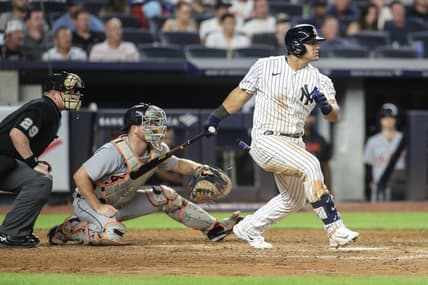 Sep 5, 2023; Bronx, New York, USA;  New York Yankees center fielder Jasson Dominguez (89) hits a double in the eighth inning against the Detroit Tigers at Yankee Stadium. Mandatory Credit: Wendell Cruz-USA TODAY Sports