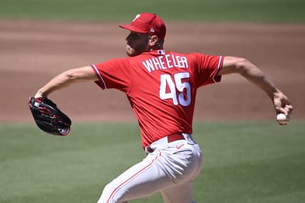 Sep 6, 2023; San Diego, California, USA; Philadelphia Phillies starting pitcher Zack Wheeler (45) throws a pitch against the San Diego Padres during the first inning at Petco Park. Mandatory Credit: Orlando Ramirez-USA TODAY Sports