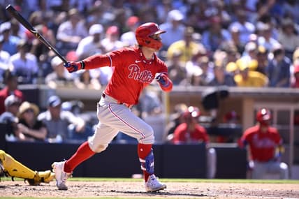 Sep 6, 2023; San Diego, California, USA; Philadelphia Phillies first baseman Bryce Harper (3) hits a two-RBI double against the San Diego Padres during the fourth inning at Petco Park. Mandatory Credit: Orlando Ramirez-USA TODAY Sports