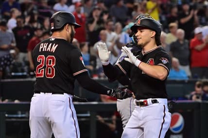 Sep 6, 2023; Phoenix, Arizona, USA; Arizona Diamondbacks center fielder Alek Thomas (5) celebrates with left fielder Tommy Pham (28) after hitting a three run home run in the third inning against the Colorado Rockies at Chase Field. Mandatory Credit: Matt Kartozian-USA TODAY Sports