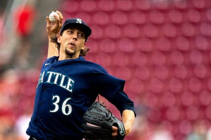 Seattle Mariners starting pitcher Logan Gilbert (36) delivers the pitch in the first inning of the MLB baseball game between the Cincinnati Reds and the Seattle Mariners at Great American Ball Park in Cincinnati on Wednesday, Sept. 6, 2023.
