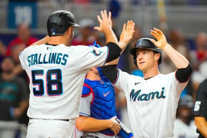Sep 6, 2023; Miami, Florida, USA; Miami Marlins shortstop Joey Wendle (18) celebrates after hitting a home run against the Los Angeles Dodgers during the fifth inning at loanDepot Park. Mandatory Credit: Rich Storry-USA TODAY Sports
