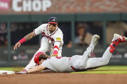 Sep 6, 2023; Cumberland, Georgia, USA; Atlanta Braves shortstop Orlando Arcia (11) tags out St. Louis Cardinals designated hitter Alec Burleson (41) at second base during the first inning at Truist Park. Mandatory Credit: Dale Zanine-USA TODAY Sports