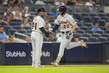 Sep 7, 2023; Bronx, New York, USA; Detroit Tigers third base coach Gary Jones (44) congratulates Detroit Tigers first baseman Spencer Torkelson (20) as he rounds the bases after hitting a two run home run against the New York Yankees during the first inning at Yankee Stadium. Mandatory Credit: Gregory Fisher-USA TODAY Sports