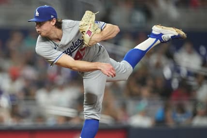 Sep 7, 2023; Miami, Florida, USA; Los Angeles Dodgers starting pitcher Ryan Pepiot (47) pitches against the Miami Marlins in the seventh inning at loanDepot Park. Mandatory Credit: Jim Rassol-USA TODAY Sports