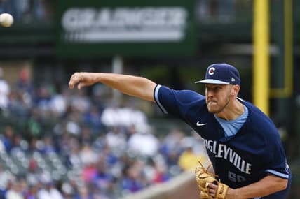 Sep 8, 2023; Chicago, Illinois, USA;  Chicago Cubs starting pitcher Jameson Taillon (50) delivers a pitch against the Arizona Diamondbacks during the first inning at Wrigley Field. Mandatory Credit: Matt Marton-USA TODAY Sports