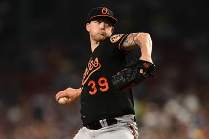 Sep 8, 2023; Boston, Massachusetts, USA; Baltimore Orioles starting pitcher Kyle Bradish (39) pitches against the Boston Red Sox during the first inning at Fenway Park. Mandatory Credit: Brian Fluharty-USA TODAY Sports