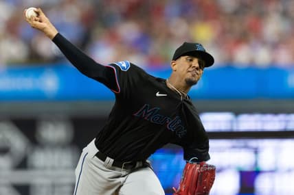 Sep 8, 2023; Philadelphia, Pennsylvania, USA; Miami Marlins starting pitcher Eury Perez (39) throws a pitch during the second inning against the Philadelphia Phillies at Citizens Bank Park. Mandatory Credit: Bill Streicher-USA TODAY Sports