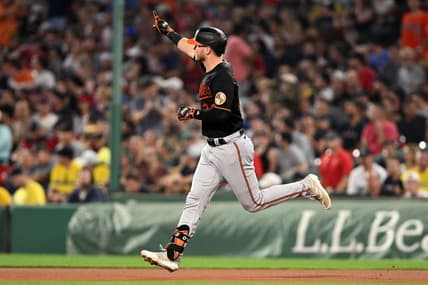 Sep 8, 2023; Boston, Massachusetts, USA; Baltimore Orioles first baseman Ryan O'Hearn (32) runs the bases after hitting a solo home run against the Boston Red Sox during the fourth inning at Fenway Park. Mandatory Credit: Brian Fluharty-USA TODAY Sports