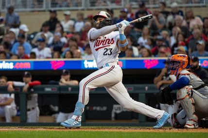 Sep 8, 2023; Minneapolis, Minnesota, USA; Minnesota Twins third baseman Royce Lewis (23) hits a RBI double during the first inning against the New York Mets at Target Field. Mandatory Credit: Jordan Johnson-USA TODAY Sports