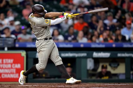 Sep 8, 2023; Houston, Texas, USA; San Diego Padres shortstop Xander Bogaerts (2) hits a home run to left field against the Houston Astros during the third inning at Minute Maid Park. Mandatory Credit: Erik Williams-USA TODAY Sports