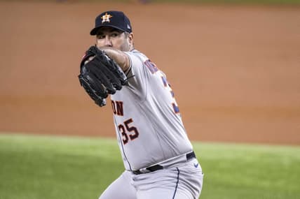 Sep 6, 2023; Arlington, Texas, USA; Houston Astros starting pitcher Justin Verlander (35) in action during the game between the Texas Rangers and the Houston Astros at Globe Life Field. Mandatory Credit: Jerome Miron-USA TODAY Sports