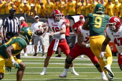 Sep 9, 2023; Waco, Texas, USA; Utah Utes quarterback Bryson Barnes (16) stands in the pocket against the Baylor Bears during the first half at McLane Stadium. Mandatory Credit: Raymond Carlin III-USA TODAY Sports