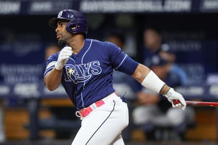 Sep 9, 2023; St. Petersburg, Florida, USA;  Tampa Bay Rays first baseman Yandy Diaz (2) hits an rbi double against the Seattle Mariners in the seventh inning at Tropicana Field. Mandatory Credit: Nathan Ray Seebeck-USA TODAY Sports