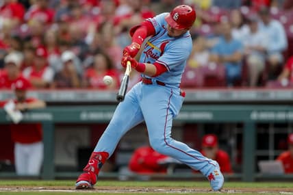 Sep 9, 2023; Cincinnati, Ohio, USA; St. Louis Cardinals third baseman Nolan Gorman (16) hits a single against the Cincinnati Reds in the first inning at Great American Ball Park. Mandatory Credit: Katie Stratman-USA TODAY Sports