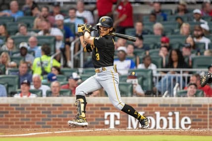 Sep 9, 2023; Cumberland, Georgia, USA; Pittsburgh Pirates second baseman Ji Hwan Bae (3) hits single against Atlanta Braves at Truist Park. Mandatory Credit: Jordan Godfree-USA TODAY Sports