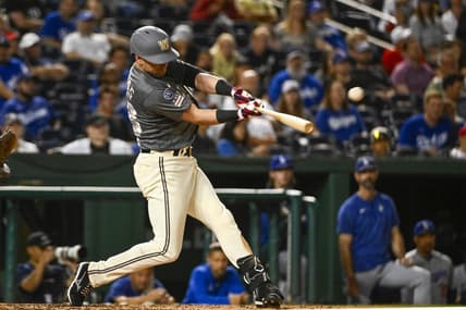 Sep 9, 2023; Washington, District of Columbia, USA; Washington Nationals designated hitter Lane Thomas (28) hits a two run home run against the Los Angeles Dodgers during the seventh inning at Nationals Park. Mandatory Credit: Brad Mills-USA TODAY Sports