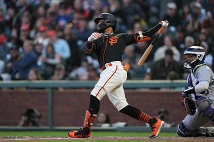 Sep 9, 2023; San Francisco, California, USA; San Francisco Giants center fielder Luis Matos (29) hits an RBI single against the Colorado Rockies during the fourth inning at Oracle Park. Mandatory Credit: Darren Yamashita-USA TODAY Sports