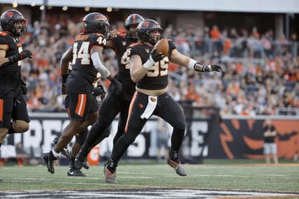 Sep 9, 2023; Corvallis, Oregon, USA; Oregon State Beavers defensive lineman Isaac Hodgins (99) celebrates after recovering a fumble against the UC Davis Aggies during the first half at Reser Stadium. Mandatory Credit: Soobum Im-USA TODAY Sports