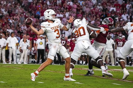 Sep. 9, 2023; Tuscaloosa, Alabama; Texas Longhorns quarterback Quinn Ewers (3) throws a pass during the game against Alabama at Bryant-Denny Stadium on Saturday, Sep. 9, 2023 in Tuscaloosa, Alabama. Mandatory Credit: Aaron E. Martinez-USA TODAY NETWORK