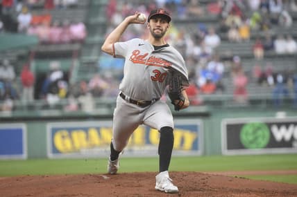 Sep 10, 2023; Boston, Massachusetts, USA;  Baltimore Orioles starting pitcher Grayson Rodriguez (30) pitches during the first inning against the Boston Red Sox at Fenway Park. Mandatory Credit: Bob DeChiara-USA TODAY Sports
