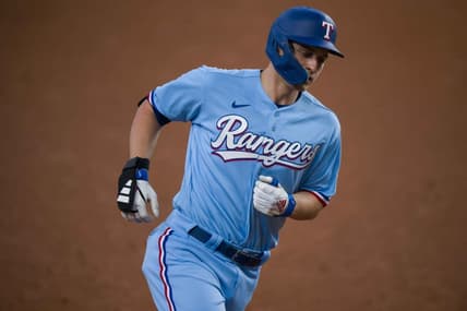Sep 10, 2023; Arlington, Texas, USA; Texas Rangers shortstop Corey Seager (5) rounds the bases after he hits a home run against the Oakland Athletics during the sixth inning at Globe Life Field. Mandatory Credit: Jerome Miron-USA TODAY Sports