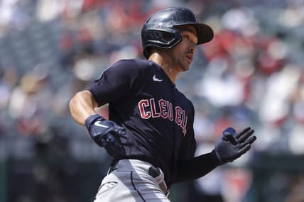 Sep 10, 2023; Anaheim, California, USA; Cleveland Guardians left fielder Steven Kwan (38) runs after hitting a double during the fifth inning against the Los Angeles Angels at Angel Stadium. Mandatory Credit: Jessica Alcheh-USA TODAY Sports