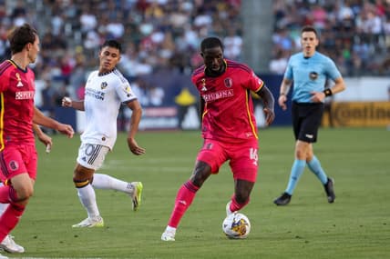 Sep 10, 2023; Carson, California, USA; St. Louis CITY SC forward Samuel Adeniran (16) controls the ball in the first half against the Los Angeles Galaxy at Dignity Health Sports Park. Mandatory Credit: Kiyoshi Mio-USA TODAY Sports