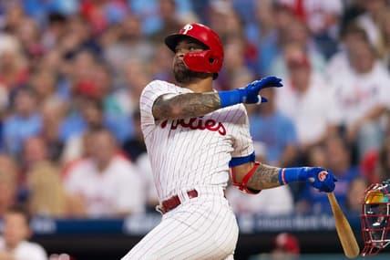 Sep 11, 2023; Philadelphia, Pennsylvania, USA; Philadelphia Phillies third baseman Edmundo Sosa (33) hits a two RBI double during the first inning against the Atlanta Braves at Citizens Bank Park. Mandatory Credit: Bill Streicher-USA TODAY Sports