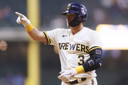 Sep 11, 2023; Milwaukee, Wisconsin, USA;  Milwaukee Brewers third baseman Josh Donaldson (3) celebrates after hitting an RBI single during the third inning against the Miami Marlins at American Family Field. Mandatory Credit: Jeff Hanisch-USA TODAY Sports