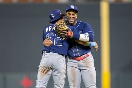 Sep 11, 2023; Minneapolis, Minnesota, USA; Tampa Bay Rays third baseman Jonathan Aranda (62) and first baseman Yandy Diaz (2) celebrate after defeating the Minnesota Twins at Target Field. Mandatory Credit: Jesse Johnson-USA TODAY Sports