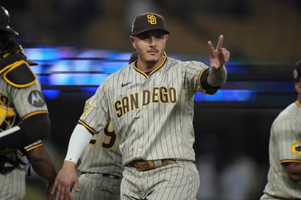 Sep 11, 2023; Los Angeles, California, USA; San Diego Padres third baseman Manny Machado (13) reacts at the end of the game against the Los Angeles Dodgers at Dodger Stadium. Mandatory Credit: Kirby Lee-USA TODAY Sports