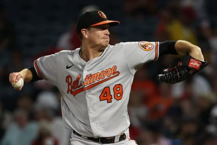 Sep 6, 2023; Anaheim, California, USA;  Baltimore Orioles starting pitcher Kyle Gibson (48) pitches during the game against the Los Angeles Angels at Angel Stadium. Mandatory Credit: Kiyoshi Mio-USA TODAY Sports