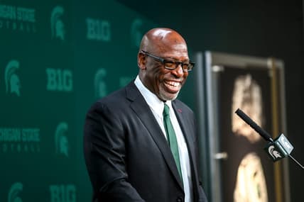 Michigan State football's acting head coach Harlon Barnett smiles during his first press conference since taking over for suspended coach Mel Tucker on Tuesday, Sept. 12, 2023, at Spartan Stadium in East Lansing.