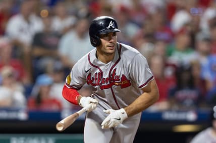 Sep 12, 2023; Philadelphia, Pennsylvania, USA; Atlanta Braves first baseman Matt Olson (28) hits a single during the seventh inning against the Philadelphia Phillies at Citizens Bank Park. Mandatory Credit: Bill Streicher-USA TODAY Sports