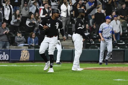 Sep 12, 2023; Chicago, Illinois, USA; Chicago White Sox designated hitter Eloy Jimenez (74) scores against the Kansas City Royals during the sixth inning at Guaranteed Rate Field. Mandatory Credit: Matt Marton-USA TODAY Sports